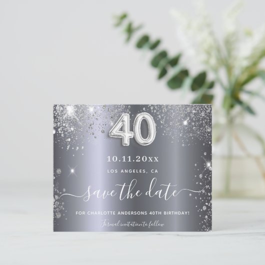 40e verjaardag zilveren glitter Bewaar de datumkaa (Staand voorkant)