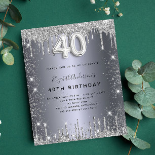 40e verjaardag zilveren glitter budgetuitnodiging flyer