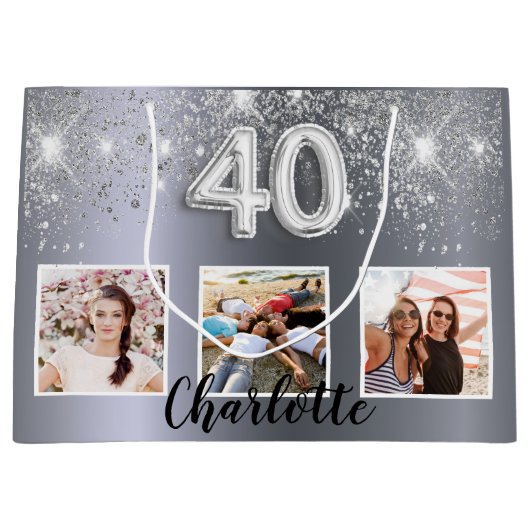 40e verjaardag zilveren glitter foto monogram groot cadeauzakje (Voorkant)