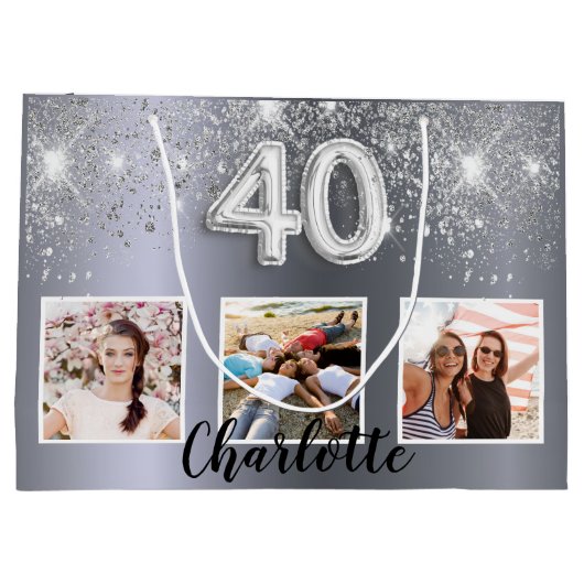 40e verjaardag zilveren glitter foto monogram groot cadeauzakje (Achterkant)