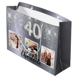 40e verjaardag zilveren glitter foto monogram groot cadeauzakje