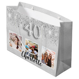 40e verjaardag zilveren glitter foto naam groot cadeauzakje