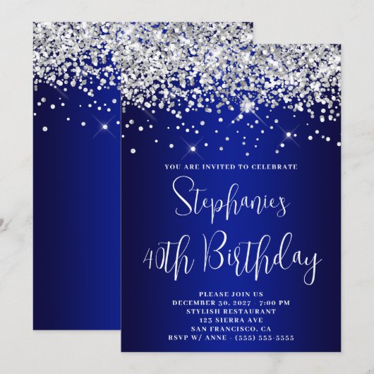 40e verjaardag Zilveren Glitter Koningsblauw Navy  Kaart (Voorkant / Achterkant)