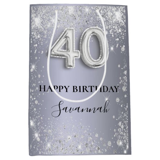 40e verjaardag zilveren glitter naam medium cadeauzakje (Voorkant)