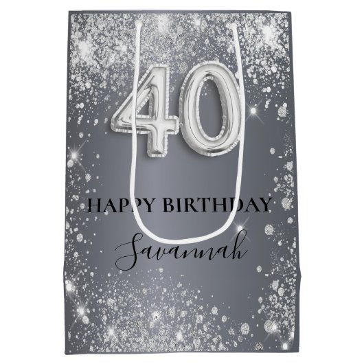 40e verjaardag zilveren glitter naam medium cadeauzakje (Achterkant)