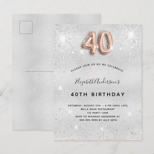 40e verjaardag zilveren gouden glitter uitnodiging briefkaart (Voorkant / Achterkant)