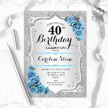 40e verjaardag - Zilveren strepen Icy Blue Rozen Kaart<br><div class="desc">40e uitnodiging van de verjaardag. Elegant bloemontwerp in zilver en ijzige blauw. Met faux glitter Silver Strees,  turkooise rozen,  stijlvol script font and confetti. Ideaal voor een glam verjaardagsfeestje.</div>
