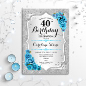 40e verjaardag - Zilveren strepen Icy Blue Rozen Kaart