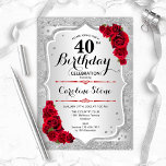 40e verjaardag - Zilveren strepen rode rozen Kaart<br><div class="desc">40e uitnodiging van de verjaardag. Elegant bloemontwerp in zilver en rood. Met faux glitter Silver Strees,  rode rozen,  stijlvol script font en confetti. Ideaal voor een glam verjaardagsfeestje.</div>