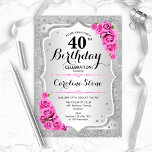 40e verjaardag - Zilveren strepen roze rozen Kaart<br><div class="desc">40e uitnodiging van de verjaardag. Elegant bloemontwerp in zilver en roze. Met faux glitter Silver Strees,  roze rozen,  stijlvol script font en confetti. Ideaal voor een glam verjaardagsfeestje.</div>