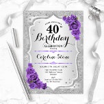 40e verjaardag - Zilveren Stripes Paarse Rozen Kaart<br><div class="desc">40e uitnodiging van de verjaardag. Elegant bloemontwerp in zilver en paars. Met faux glitter Silver Strees,  paarse rozen stijlvolle scriptlettertypen en confetti. Ideaal voor een glam verjaardagsfeestje.</div>