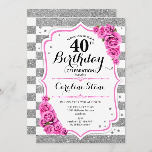 40e verjaardag - zilveren witte strepen roze rozen kaart (Voorkant / Achterkant)