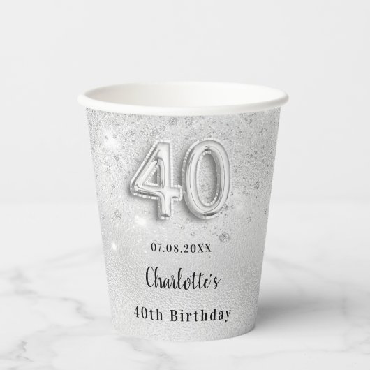 40e verjaardag zilverglitter naam elegant papieren bekers (Voorkant)