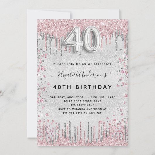 40e verjaardag zilverroze metalen glitterstof kaart (Voorkant)