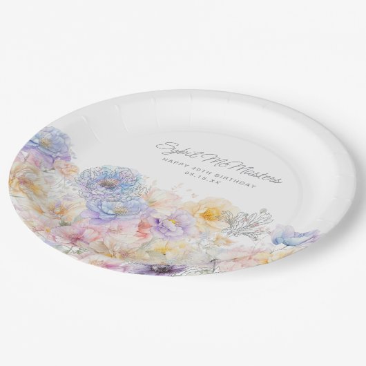 40e Verjaardag Zomer Waterverf Bloemen Custom Papieren Bordje (Gekanteld)