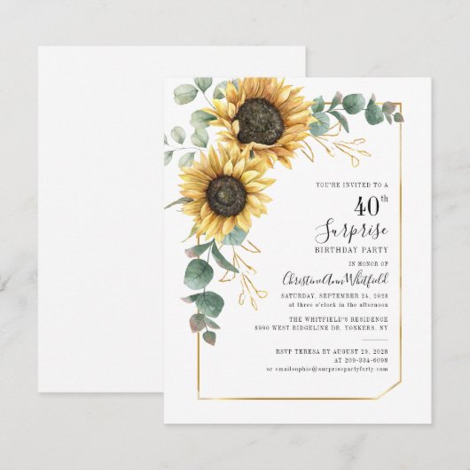 40e verjaardag Zonnebloem Greenery Surprise Party Kaart (Voorkant / Achterkant)