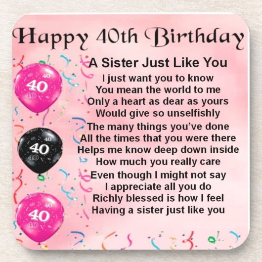40e verjaardag - Zuster gedicht Drankjes Onderzetter (Voorkant)