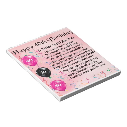 40e verjaardag - Zuster gedicht Notitieblok (Schuin)
