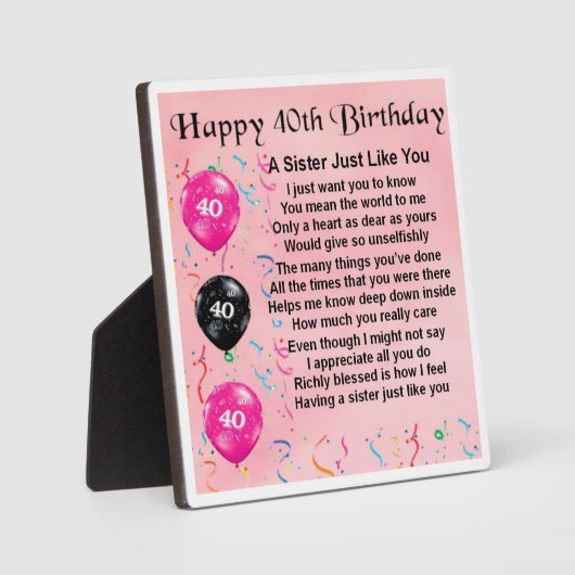 40e verjaardag Zuster Poem Plaque Fotoplaat (Voorkant)