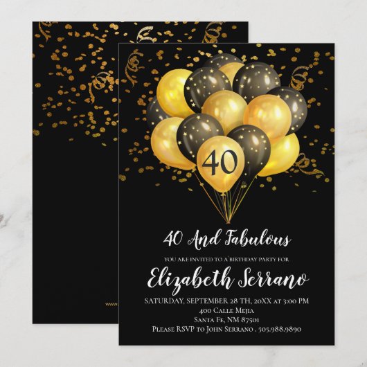 40e verjaardag zwart en goud kaart (Voorkant / Achterkant)