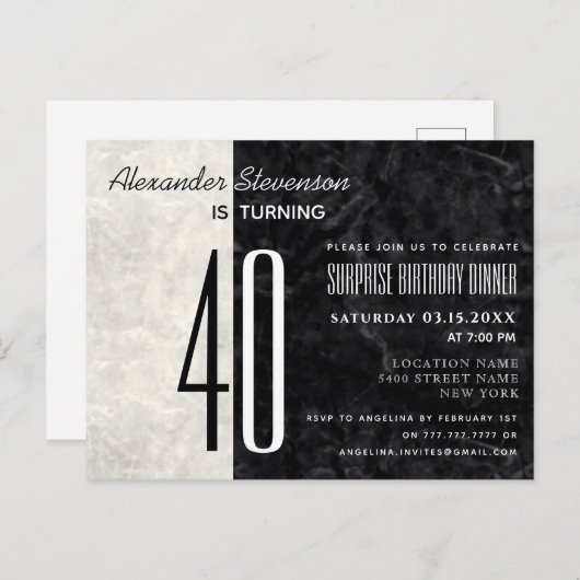 40e verjaardag zwart en wit marmer uitnodiging (Voorkant / Achterkant)