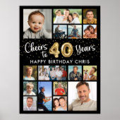 40e Verjaardag Zwart Goud 16 Foto Hoera voor Jaren Poster (Voorkant)