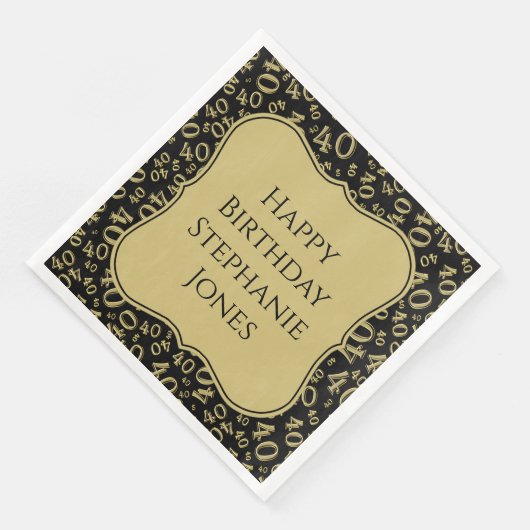 40e Verjaardag Zwart/Goud Beugel Getal Patroon Servet (Hoek)