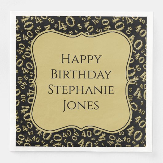 40e Verjaardag Zwart/Goud Beugel Getal Patroon Servet (Voorkant)