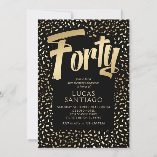 40e verjaardag Zwart Goud Confetti Kaart (Voorkant)