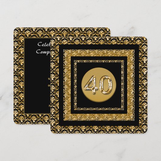 40e verjaardag zwart goud damask kaart (Voorkant / Achterkant)