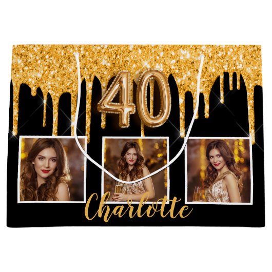 40e verjaardag zwart goud druppels foto groot cadeauzakje (Voorkant)