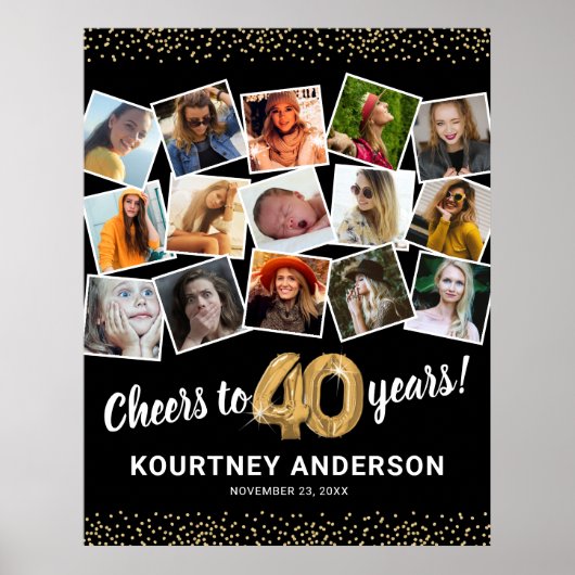 40e verjaardag zwart goud fotofeest poster (Voorkant)