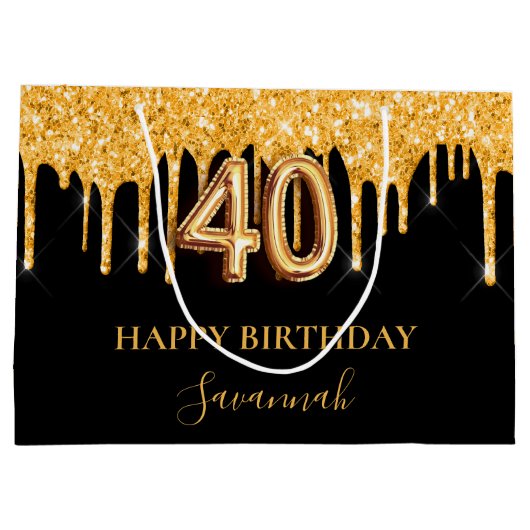 40e verjaardag zwart goud glitter druppelt naam groot cadeauzakje (Achterkant)