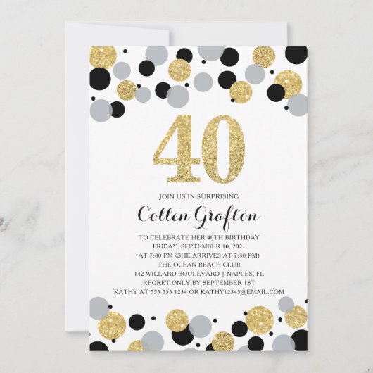 40e verjaardag Zwart Goud Grijs Glitter Confetti Kaart (Voorkant)