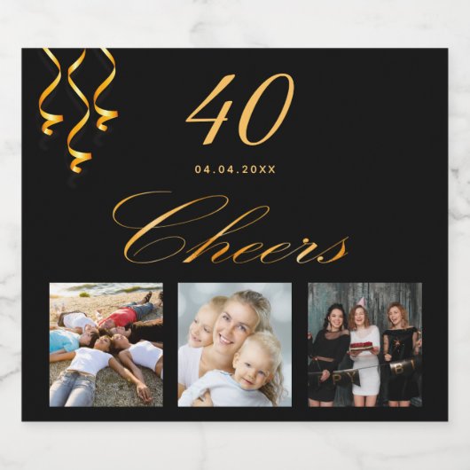 40e verjaardag zwart goud juichen foto sparkling wijnetiket (Enkel label)