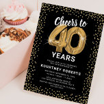 40e verjaardag zwart goud kaart<br><div class="desc">Elegante veertigste verjaardagsfeestuitnodiging met een stijlvolle zwarte achtergrond die kan worden gewijzigd in elke kleur,  gouden sprankelende glitter,  veertig gouden helliumballonnen en een moderne 40ste verjaardagsviering tekst sjabloon die gemakkelijk te personaliseren is.</div>