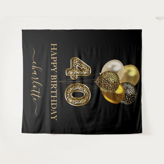 40e verjaardag zwart goud luipaardprint ballonnen wandkleed (Voorkant (horizontaal))