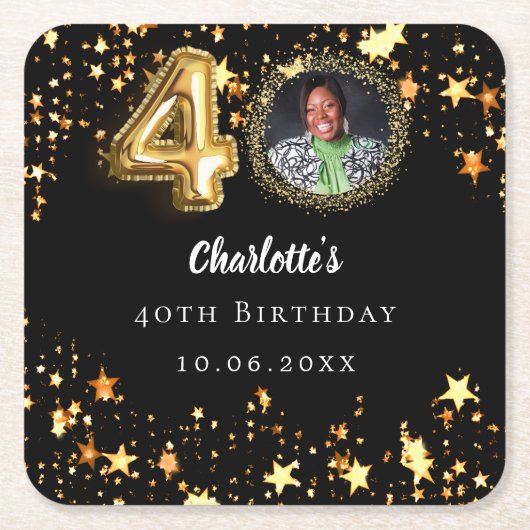 40e verjaardag zwart goud sterren foto kartonnen onderzetters (Voorkant)
