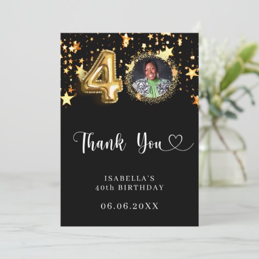 40e verjaardag zwart gouden sterren foto bedankkaart (Staand voorkant)