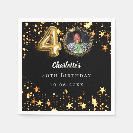 40e verjaardag zwart gouden sterren foto servet (Voorkant)