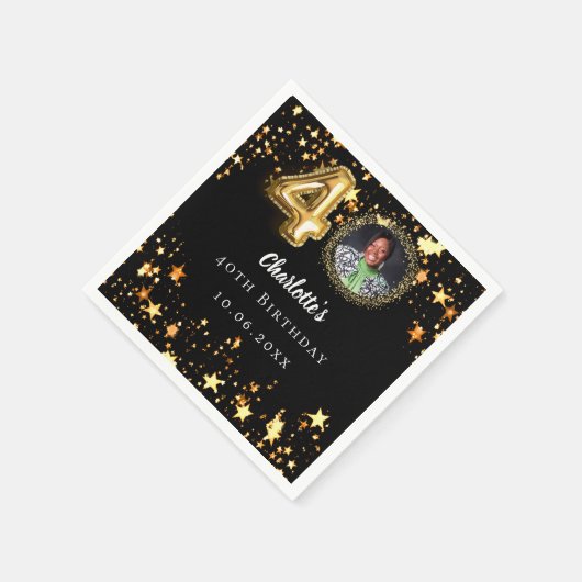 40e verjaardag zwart gouden sterren foto servet (Hoek)