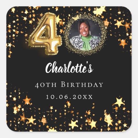 40e verjaardag zwart gouden sterren foto vierkante sticker (Voorkant)