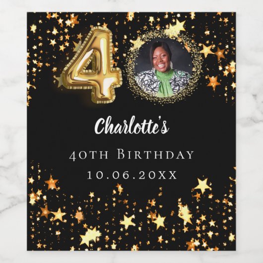 40e verjaardag zwart gouden sterren foto wijn etiket (Enkel label)