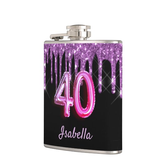 40e verjaardag zwart paarse glitter naam heupfles (Links)