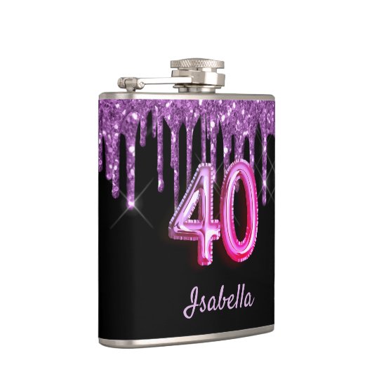 40e verjaardag zwart paarse glitter naam heupfles (Rechts)