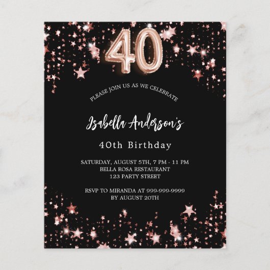 40e verjaardag zwart roos gouden budgetuitnodiging (Voorkant)