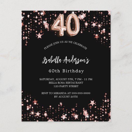 40e verjaardag zwart roos gouden budgetuitnodiging flyer (Voorkant)