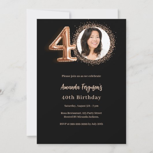 40e verjaardag zwart roos gouden foto kaart (Voorkant)