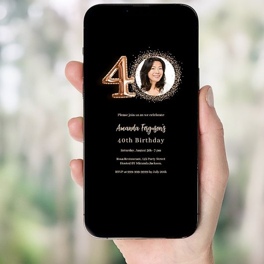 40e verjaardag zwart roos gouden foto kaart