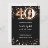 40e verjaardag zwart roos gouden fotosterren kaart (Voorkant)